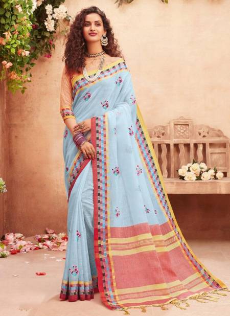 Sky Blue Colour STYLEWELL ANOKHI Fancy Designer Festive Wear Jacquard Linen Exclusive Embroidery Stylish Saree Collection 753